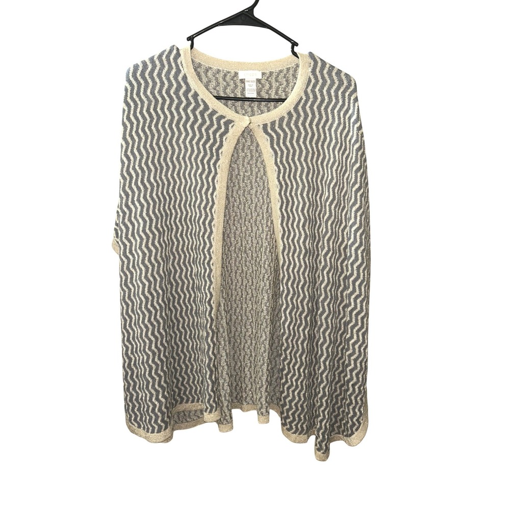 Chicos Metallic Chevron Knit Poncho Grey Gold Open Front One Size Wrap